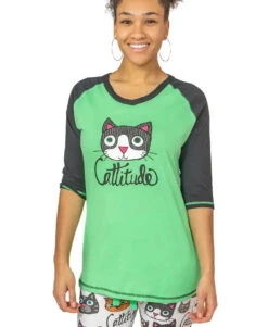 'Lazy One' Women's Cattitude Tall Tee - Green / Grey
